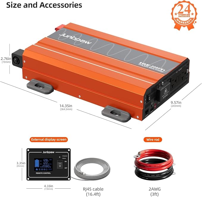 2080W Pure Sine Wave Inverter, 12V DC to 110V/120V AC, 6000W Peak, 5V/2.1A USB - Image 3