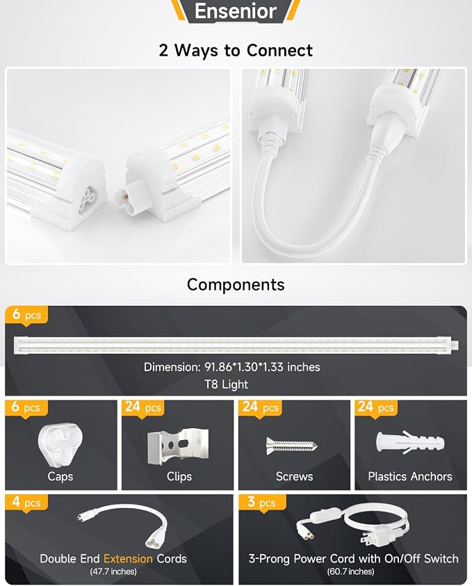 Ensenior 6 Pack 8 FT Led Shop Lights, 5000K Daylight, 10000LM Super Bright - Image 5