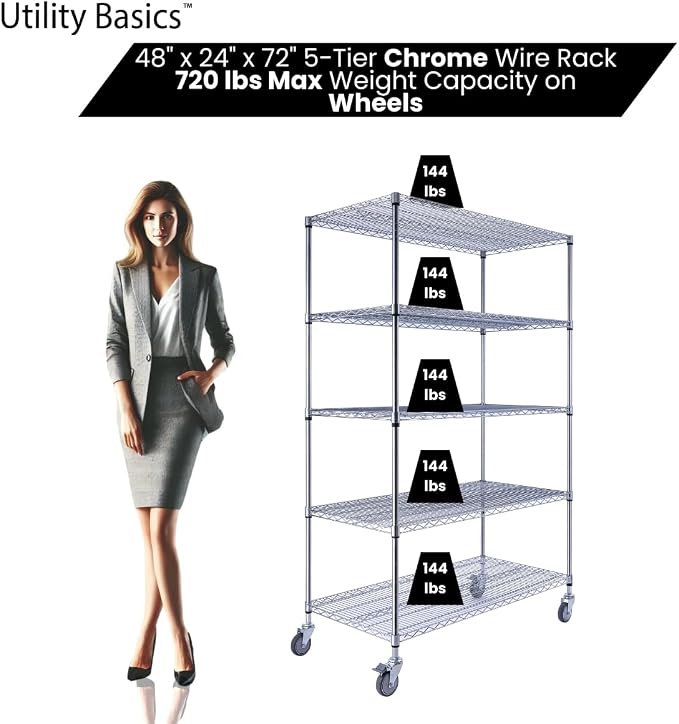 48"x24"x72" Chrome 5-Tier PREMIUM Wire Shelving NSF 4000 LBS MAX CAPACITY Heavy - Image 4