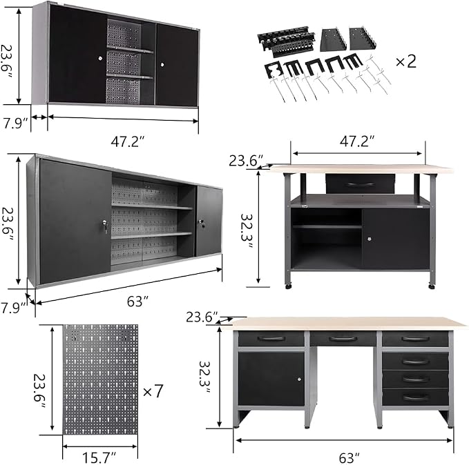 JZD Metal Storage Organization System, Wall Mount Tool Cabinets, Wood Tabletop - Image 3