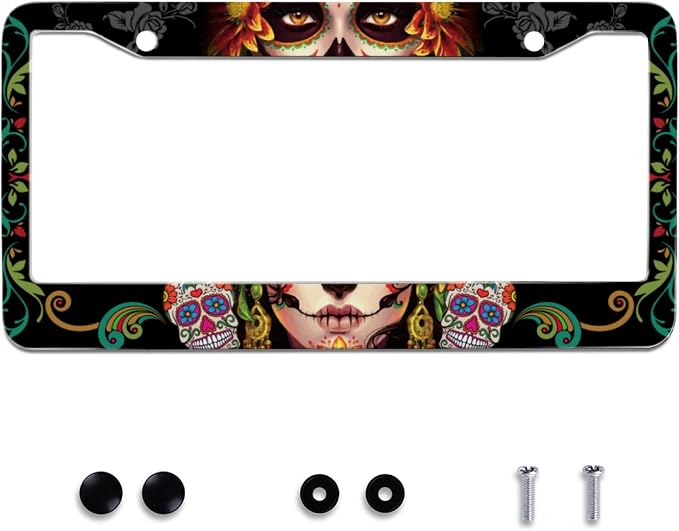 Personalise Sugar Skull Retro License Plate Frame Colorful Candy Skulls License by Omw2fyb