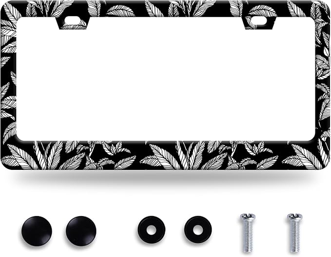 Black White Tropical Leaf License Plate Frame License Plate Stainless Steel by GORSNKYE
