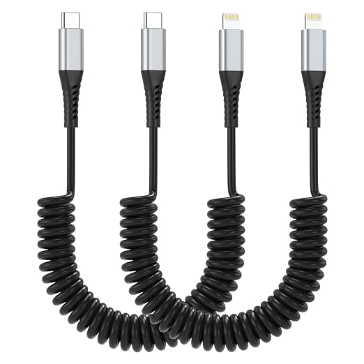 Coiled USB C to Lightning Cable, 2 Pack Retractable iPhone Charging Cable by PEAKLIFT