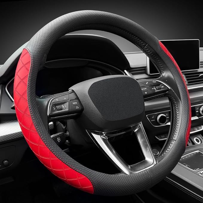 LKWLIKEI Nappa Leather Steering Wheel Cover, Elegant Diamond Checkered Design - Image 2