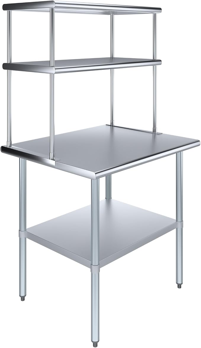 Amgood Stainless Steel Work Table Double Tier Overshelf | Metal Kitchen Prep by AmGood