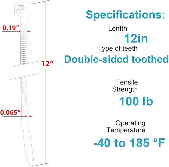 12 Inch Zip Ties Double Sided Toothed, 100 LBS Tensile Strength Heavy Duty - Image 2