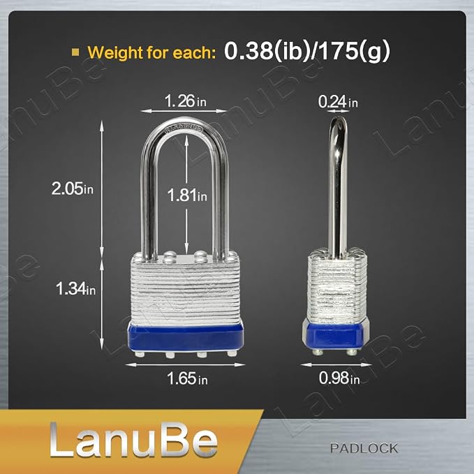 LanuBe Lock Laminated Steel Keyed Padlock, Keyed Alike Locks, Long Shackle - Image 2