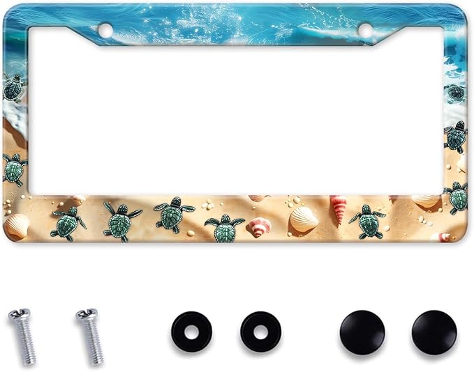 Cute Beach Turtles License Plate Frame, Sea Turtles Sea Shell Starfish Front by MIXWIT