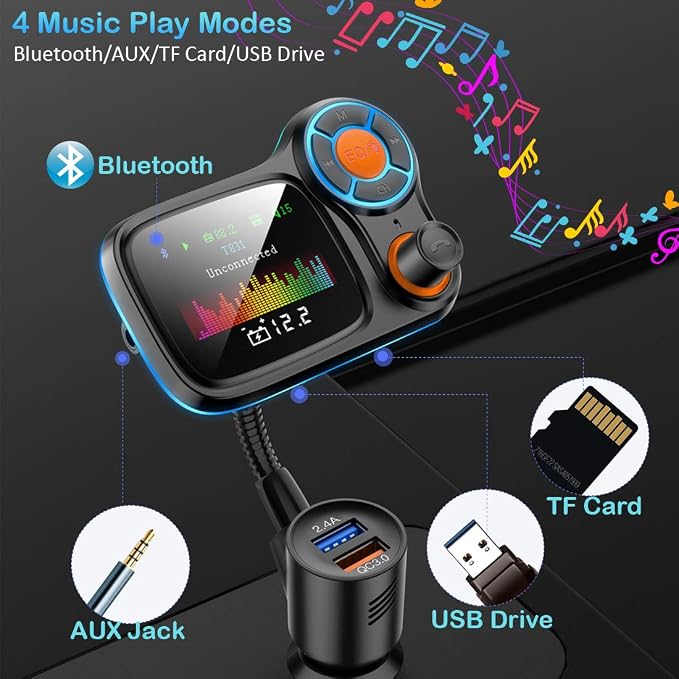 TSNAM Wireless Car Bluetooth Adapter, Radio FM Transmitters HandsFree Call - Image 3