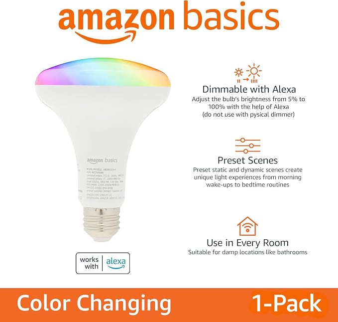 Amazon Basics Smart BR30 LED Light Bulb, Color Changing, Works - Image 2