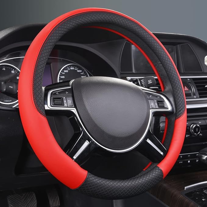 CAR PASS Rhombus Leather Universal Steering Wheel Cover, Fit by CARPASS