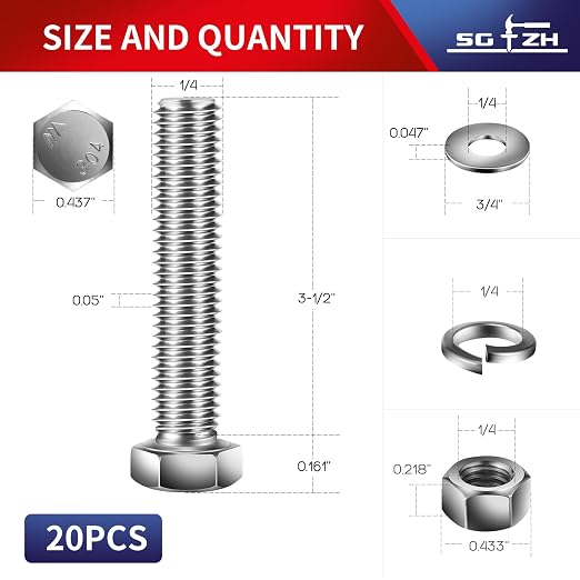 1/4-20 x 3-1/2" Hex Head Screw Bolt, Flat & Lock Washers, Fully Threaded - Image 2