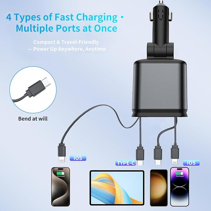 MLVOC Starlight Retractable 66W USB C Car Charger, 4-in-1 Fast Charging Adapter - Image 3