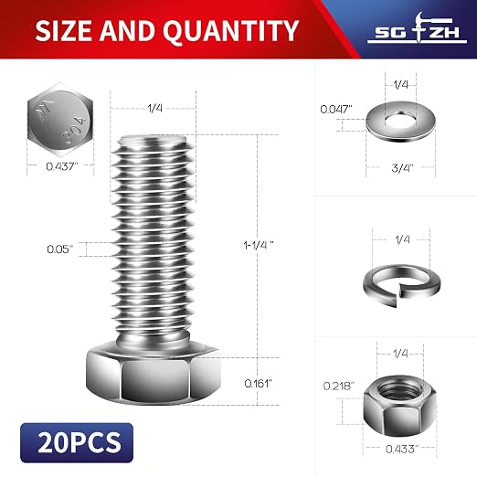 1/4-20 x 1-1/4" Hex Head Screw Bolt, Flat & Lock Washers, Fully Threaded - Image 2