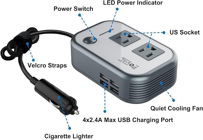 200W Car Power Inverter, FOVAL 12V DC to 110V AC Car Inverte - Image 2
