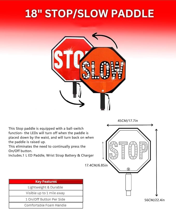 18" LED Stop/Slow Paddle, Reflective Hand Held Stop Sign - Image 2