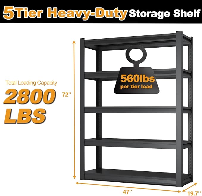 72H Metal Kitchen Storage Shelves, 2800 LBS Heavy Duty Pantry Shelving Unit - Image 2