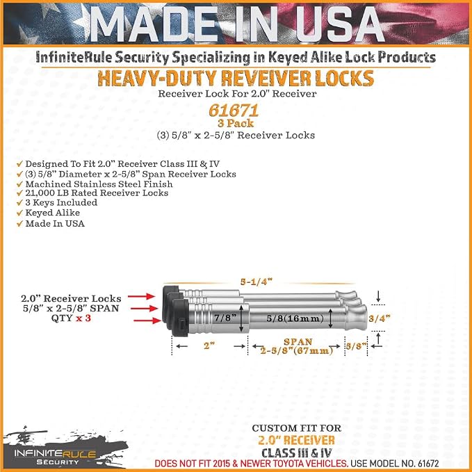 61671 | 3 Pack, Keyed Alike, Receiver Locks - Image 3