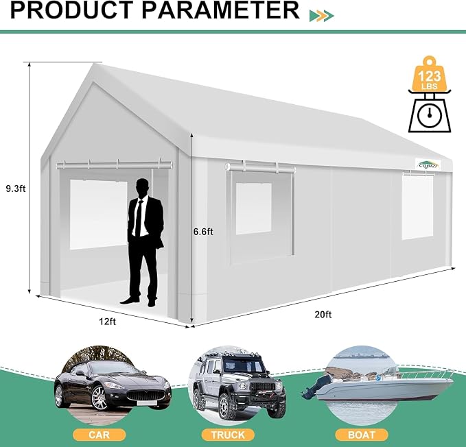 COBIZI Carport 12x20ft Heavy Duty Portable Garage, 2.0 Powder Coated Frame - Image 3