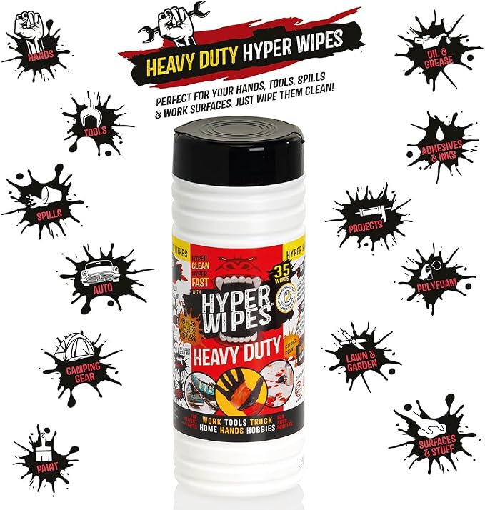 Hyper Wipes, 12 Pack Heavy Duty Hand & Tool Cleaning Wipes, Degreasing - Image 3