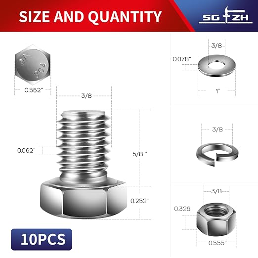 3/8-16 x 5/8" Hex Head Screw Bolt, Flat & Lock Washers, Fully Threaded - Image 2