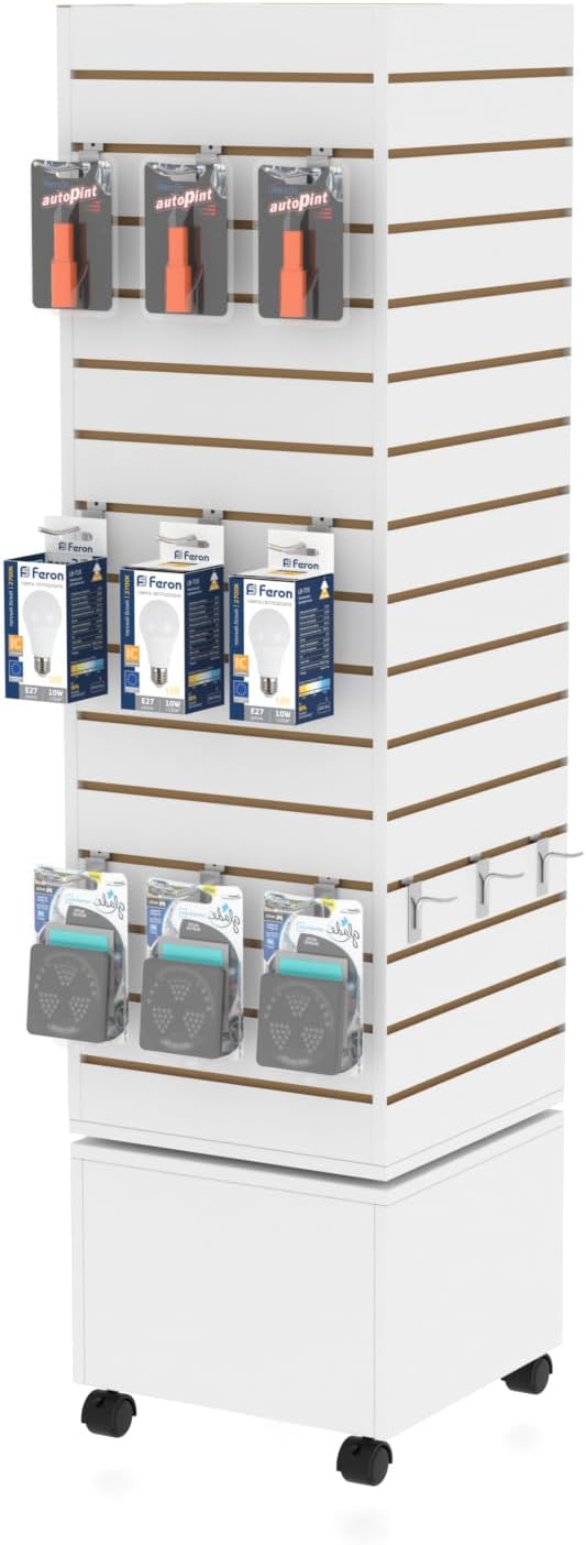 WISDOMFUR Rotating Slatwall Display Rack – 16"x16"x60" White Spinning Tower - Image 8