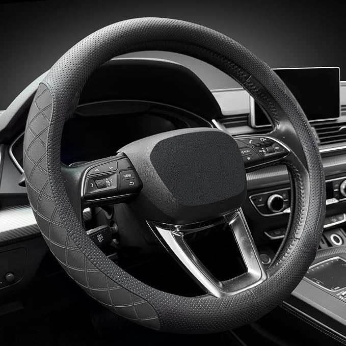 LKWLIKEI Nappa Leather Steering Wheel Cover, Elegant Diamond Checkered Design - Image 2