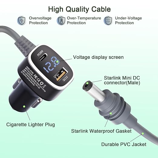 3 in 1 Car Power Cable for Starlink Mini Cigarette Lighter Adapter, Car Charger - Image 3
