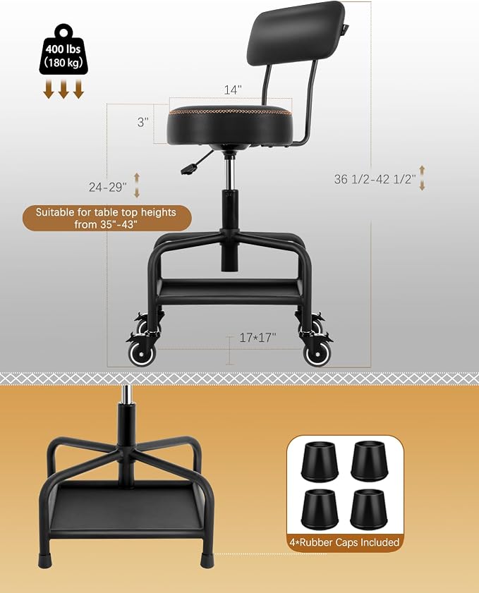 Shop Stool with Lockable Rubber Wheels Adjustable Backrest Tool Tray Storage - Image 2
