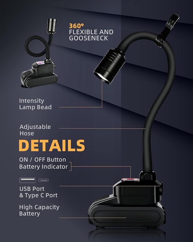 LED Work Light, 5000mAh Magnetic Gooseneck Light Rechargeable, 2000 Lumen - Image 8