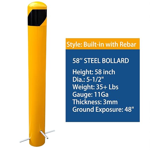 58" Pour in Place Steel Bollard Post, 5-1/2" OD Safety Bollard Yellow Powder - Image 2