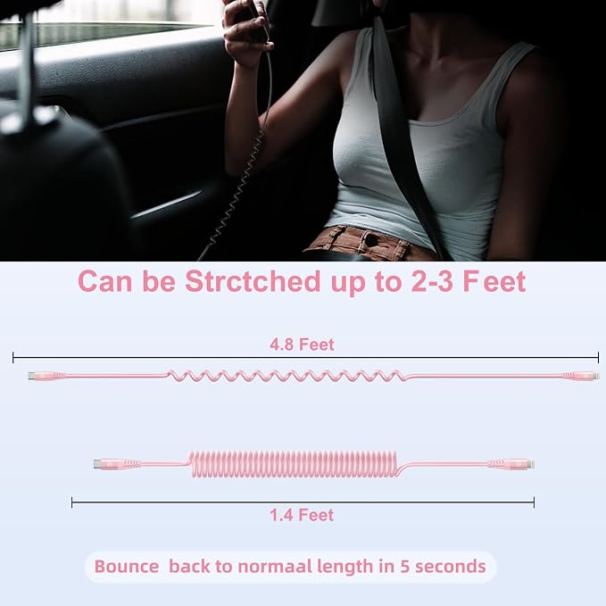 KIYODA USB C to Lightning Cable 3FTfor Car, Coiled iPhone Charger Fast Charging - Image 7