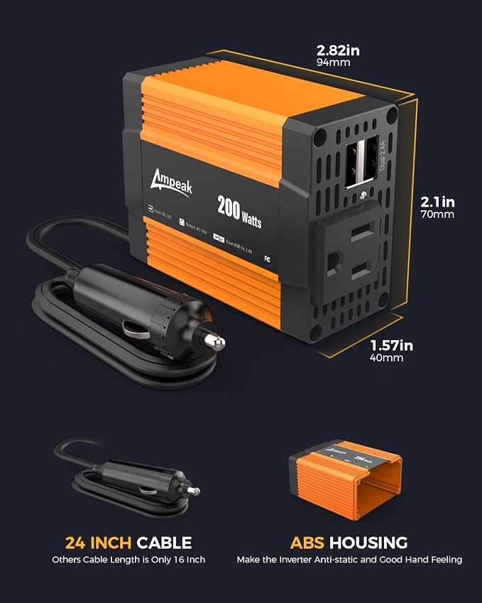 Ampeak 200W Car Power Inverter 4.8A Dual USB Ports AC Outlet Car Inverter DC - Image 4
