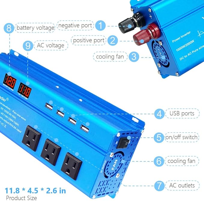Yinleader 1000 Watt Pure Sine Wave Inverter 12V to 110V DC to AC Car Power - Image 5