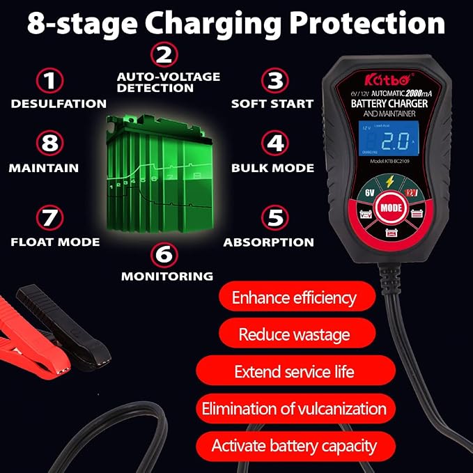 KATBO Battery Charger, 2Amp Battery Maintainer, car Battery Charger 6V 12V - Image 6