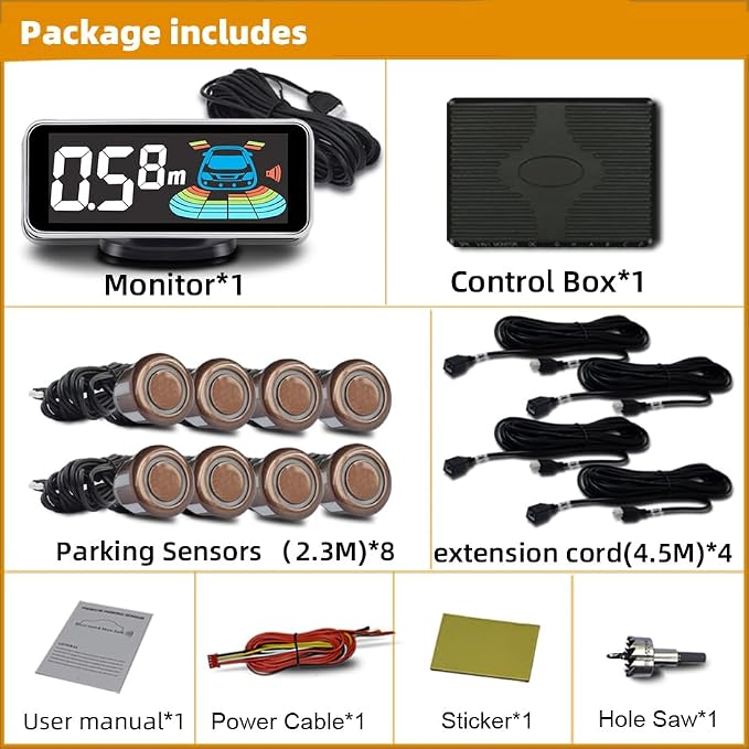 Parktronic 8 Parking Sensors Kit Reverse Backup Radar System Rear and Front View - Image 2
