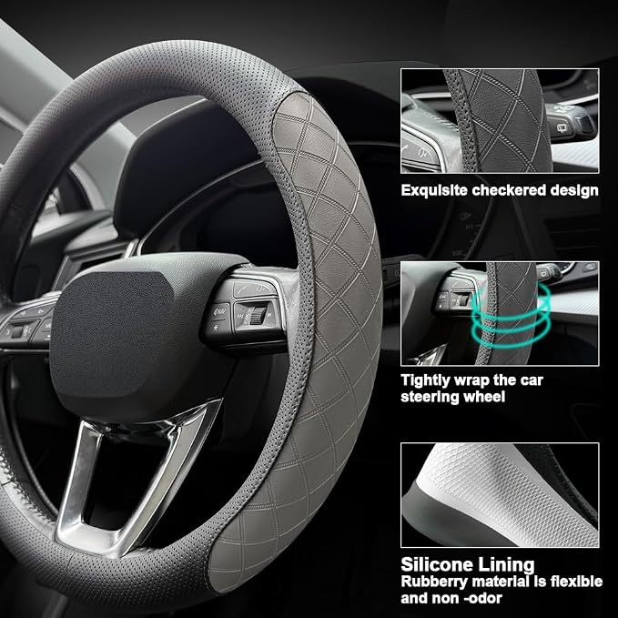 LKWLIKEI Nappa Leather Steering Wheel Cover, Elegant Diamond Checkered Design - Image 3