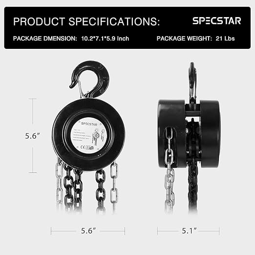 SPECSTAR Hand Chain Hoist 1 Ton 2200 Lbs Capacity 10 Feet - Image 6