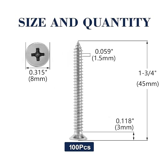 #8 x 1-3/4" Wood Screw 100Pcs 18-8 Stainless Steel Screws Flat Head Phillips - Image 2