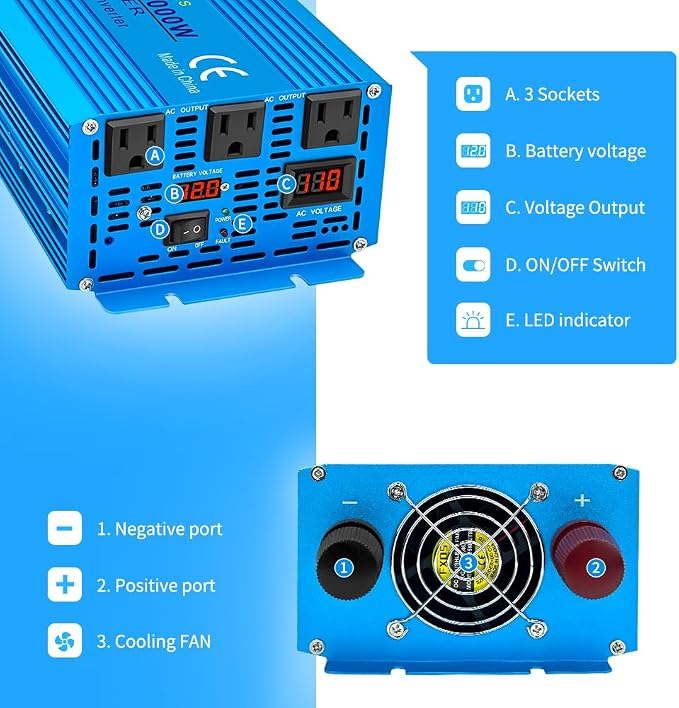 LVYUAN 2000 Watt Pure Sine Wave Inverter 12V to 110V 120V DC to AC - Image 2