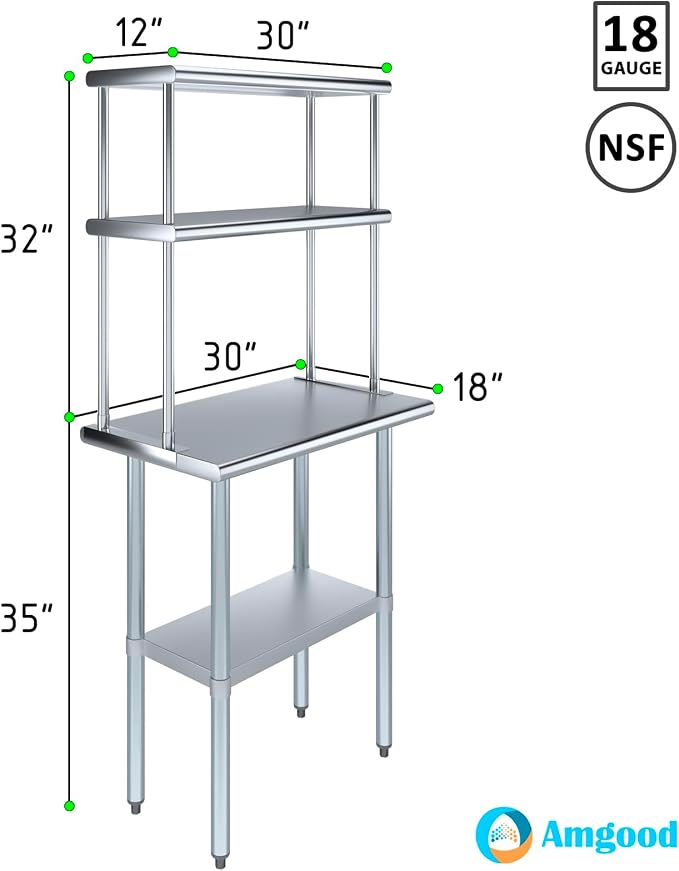 AmGood Stainless Steel Work Table Double Tier Overshelf | 18" x 30" Work Table - Image 3