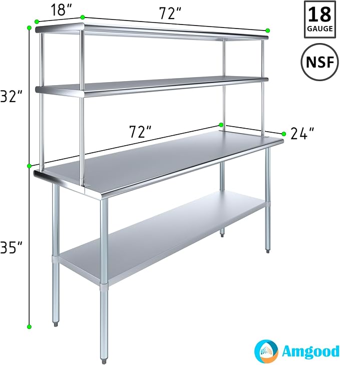 Amgood Stainless Steel Work Table Double Tier Overshelf | Metal Kitchen Prep - Image 3