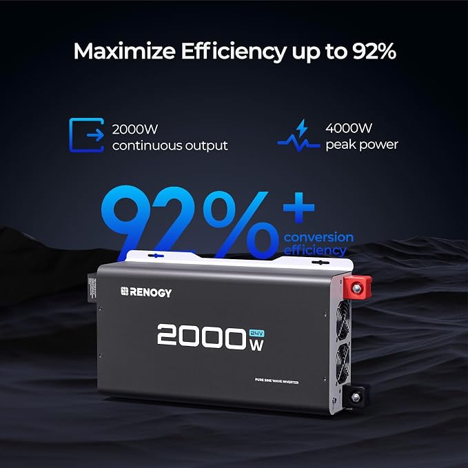 Renogy 2000W 24V Pure Sine Wave Inverter, 4000W Peak Power, 92% Energy - Image 4