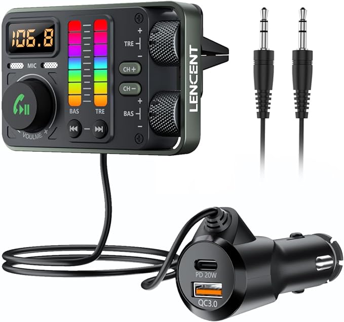 LENCENT Bluetooth Car Adapter, PD20W and QC18W Fast Charger, Dual Mics by LENCENT