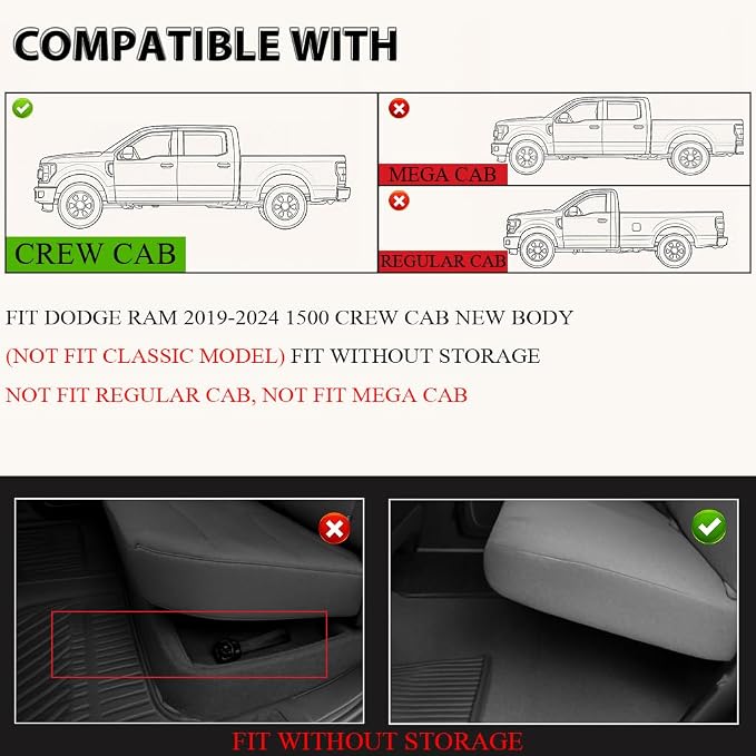 G-PLUS Floor Mats Fit for 2019-2024 Dodge Ram 1500 Crew Cab New Body Without - Image 8