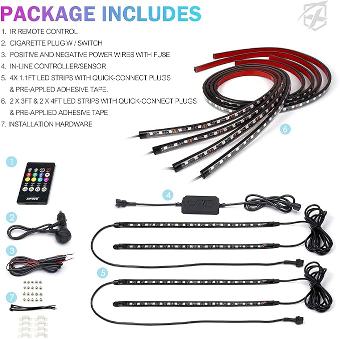 Xprite 8Pcs Car RGB LED Strip Lights, Exterior Underglow & Interior Bluetooth - Image 7
