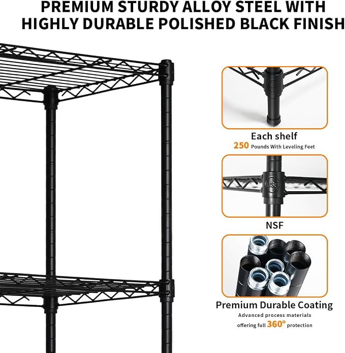 Heavy-Duty Black 4 Tiers Steel 36x14x54 Wire Shelving NSF Certified. Adjustable - Image 5