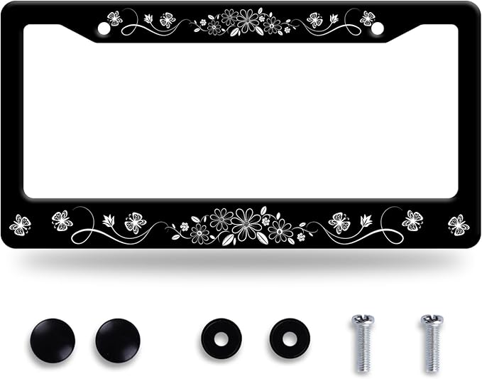 Black White Daisy Butterfly License Plate Frame Flowers License Plate Stainless by GORSNKYE