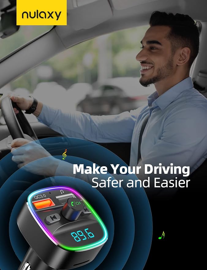 Nulaxy Bluetooth FM Transmitter, Hands-Free Calling, 7 Colors Led Backlit Light - Image 7