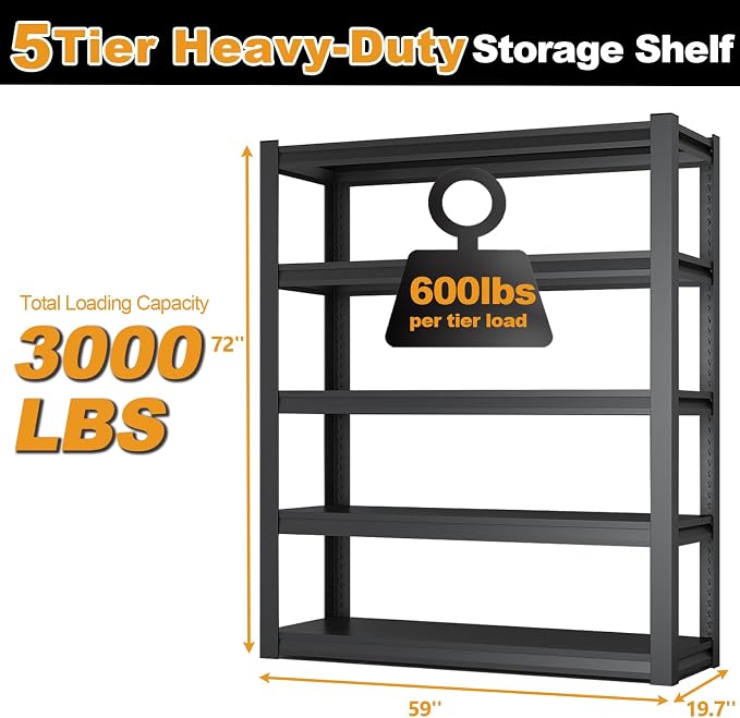 72H Metal Kitchen Storage Shelves, 3000 LBS Heavy Duty Garage Shelving Unit - Image 2